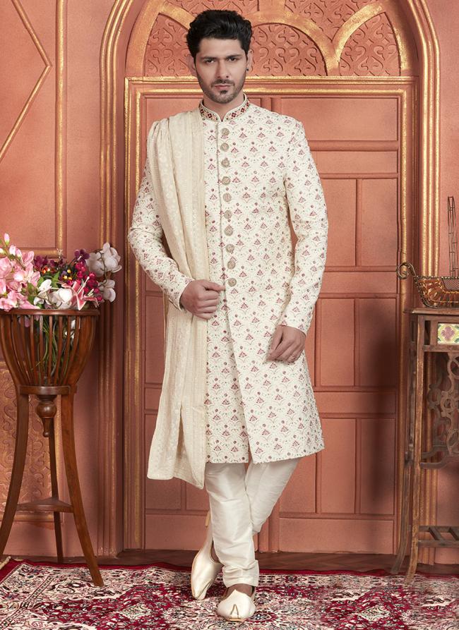 Art Silk Cream Wedding Wear Embroidery Work Readymade Groom Sherwani